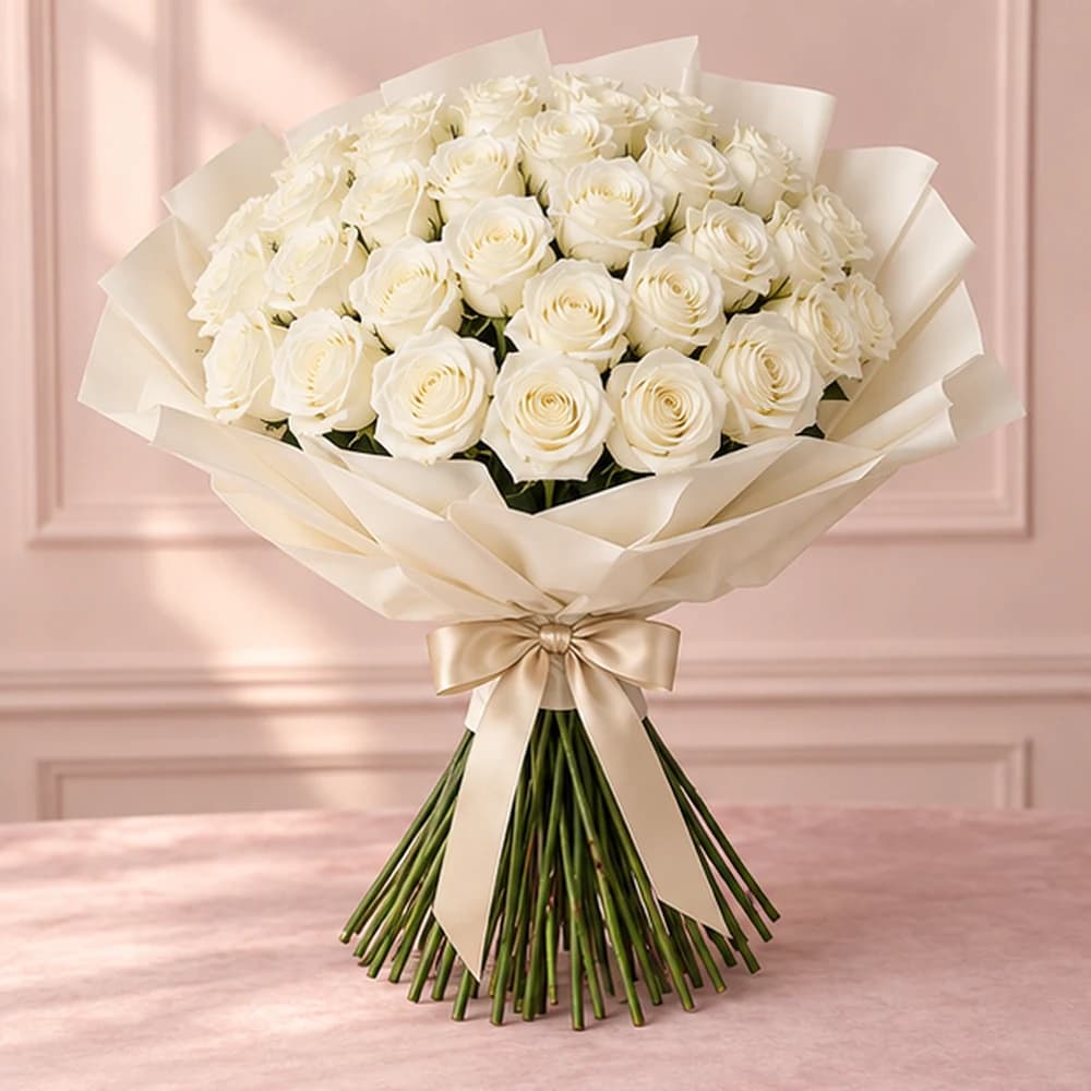 White Crescendo — 40 White Roses, fresh flower bouquet with exposed stems, Rosella Flowers & Gifting