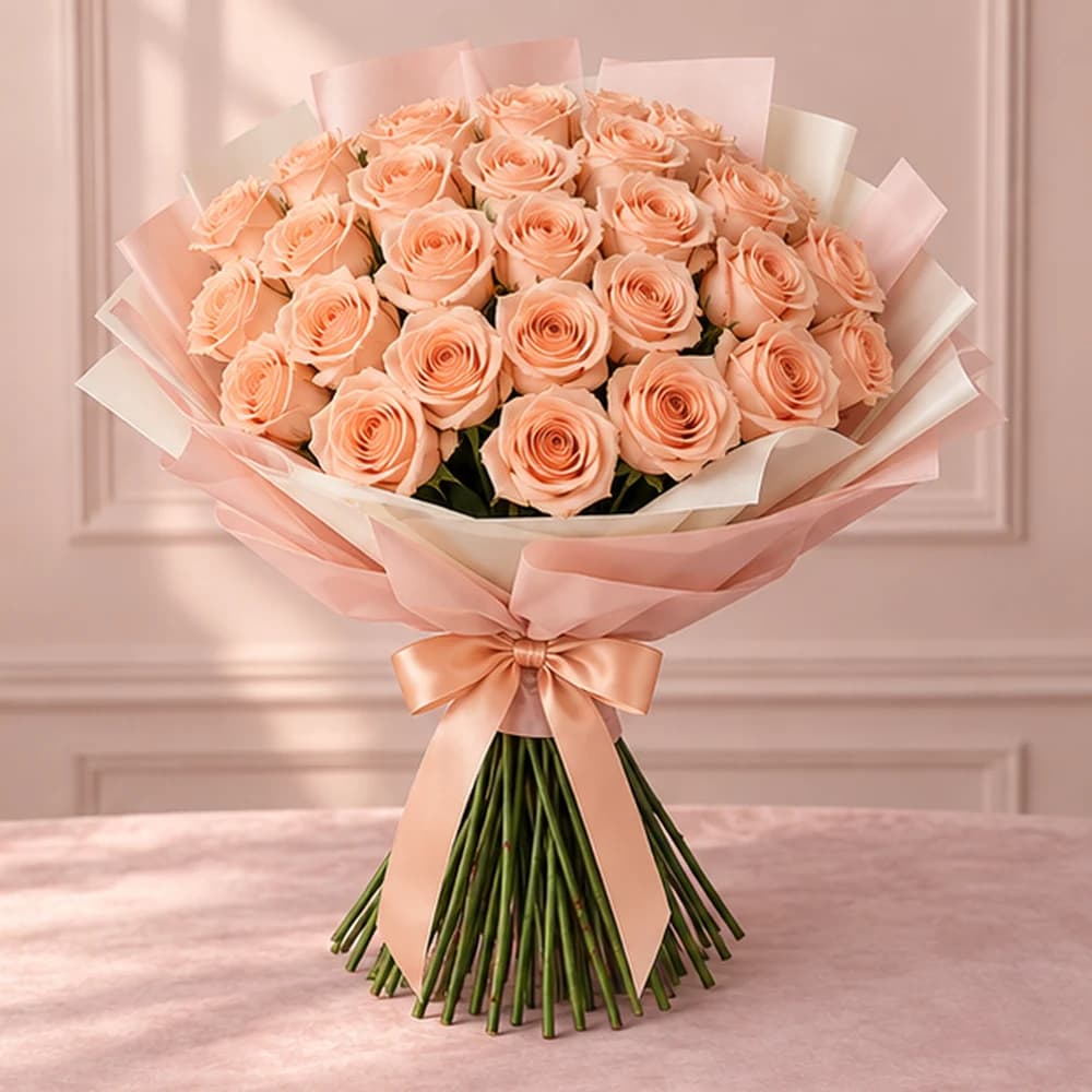 Peach Crescendo — 40 Peach Roses, fresh flower bouquet with exposed stems, Rosella Flowers & Gifting