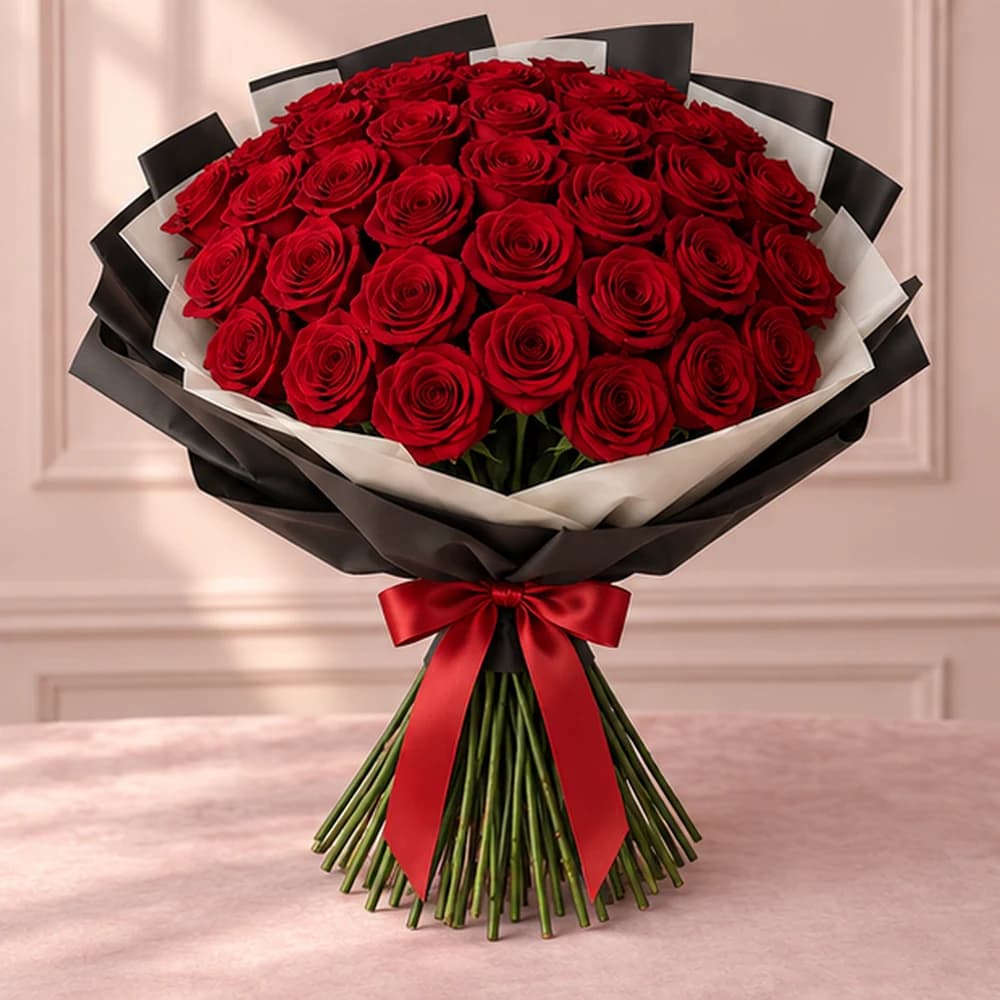 Scarlet Spectacle — 50 Red Roses, fresh flower bouquet with exposed stems, Rosella Flowers & Gifting