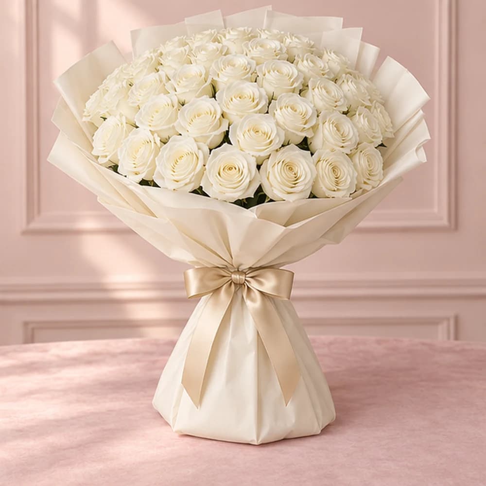 White Opulence — 50 White Roses, fresh flower bouquet with covered stems, Rosella Flowers & Gifting