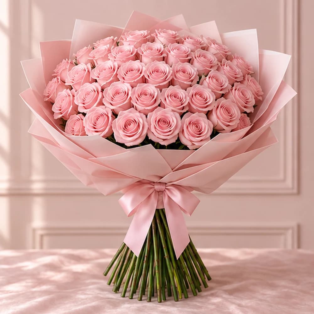 Pink Empress — 50 Light Pink Roses, fresh flower bouquet with exposed stems, Rosella Flowers & Gifting