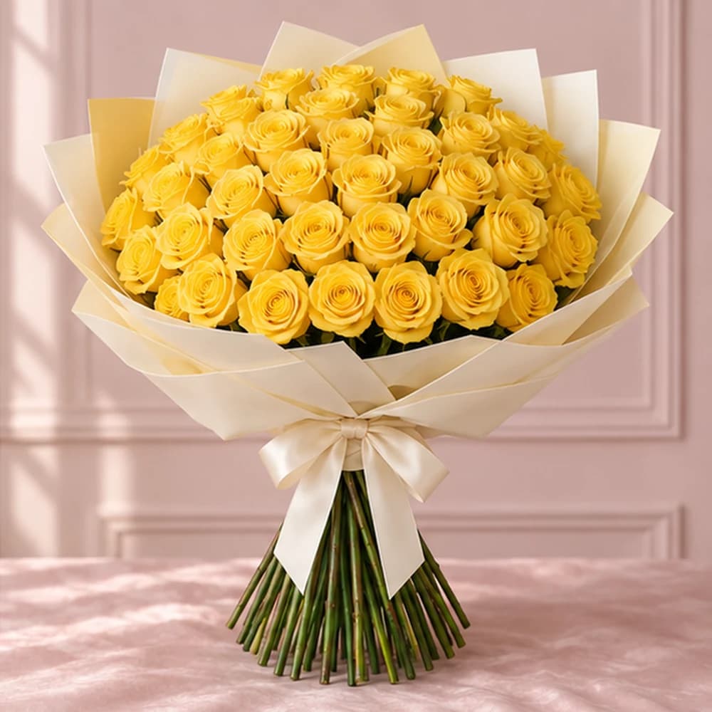 Golden Celebration — 50 Yellow Roses, fresh flower bouquet with exposed stems, Rosella Flowers & Gifting
