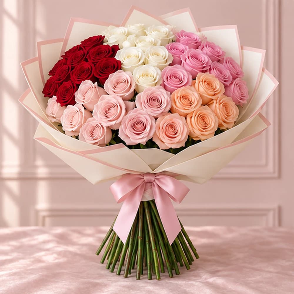 Rosella Kaleidoscope — 50 Mixed Roses, fresh flower bouquet with exposed stems, Rosella Flowers & Gifting
