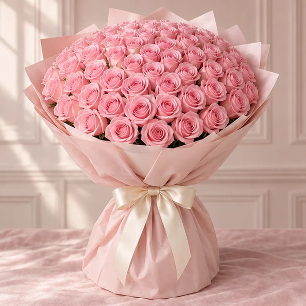 Pink Jubilee — 70 Sweet Pink Roses, fresh flower bouquet with covered stems, Rosella Flowers & Gifting