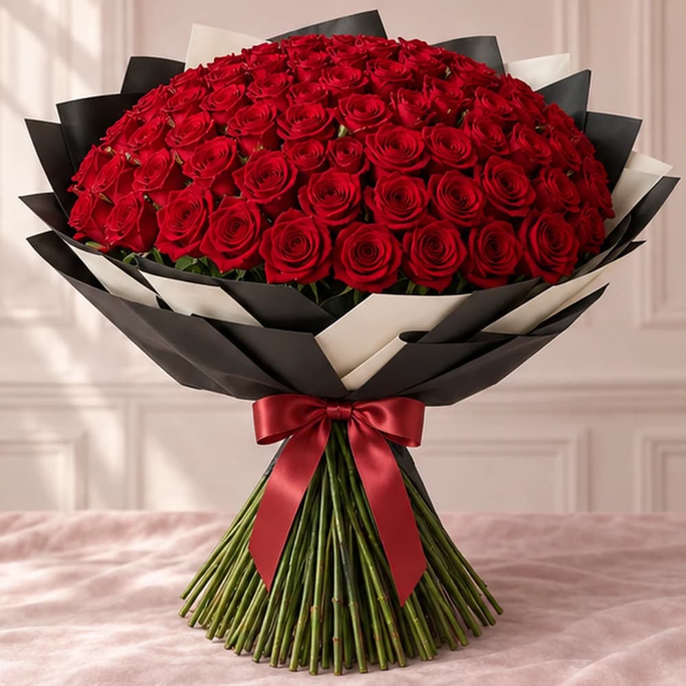A Hundred Hearts — 100 Red Roses, fresh flower bouquet with exposed stems, Rosella Flowers & Gifting