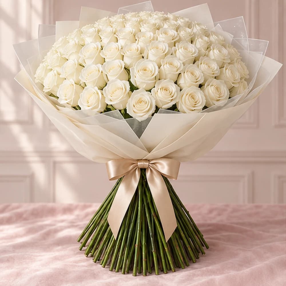 White Prestige — 100 White Roses, fresh flower bouquet with exposed stems, Rosella Flowers & Gifting