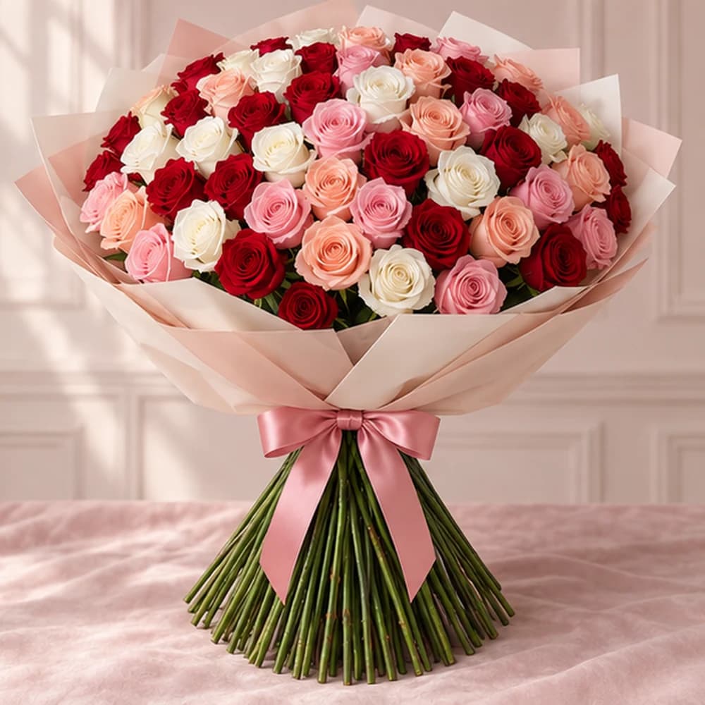 Grand Colour Story — 100 Mixed Roses, fresh flower bouquet with exposed stems, Rosella Flowers & Gifting