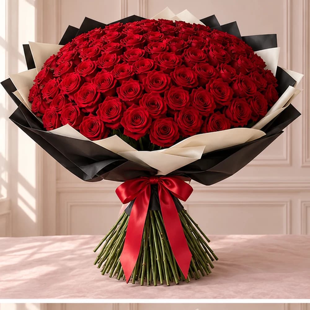 Scarlet Grandeur — 150 Red Roses, fresh flower bouquet with exposed stems, Rosella Flowers & Gifting