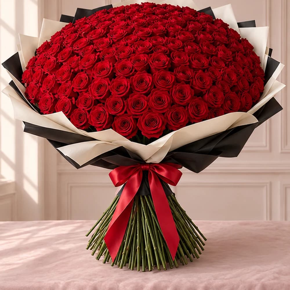 The Scarlet Gala — 180 Red Roses, fresh flower bouquet with exposed stems, Rosella Flowers & Gifting