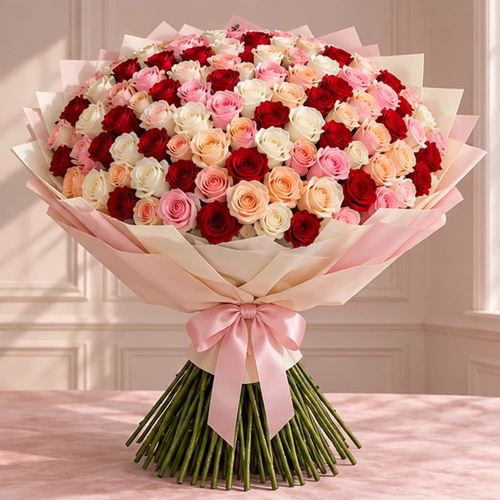 The Rosella Masterpiece — 200 Mixed Roses, fresh flower bouquet with exposed stems, Rosella Flowers & Gifting