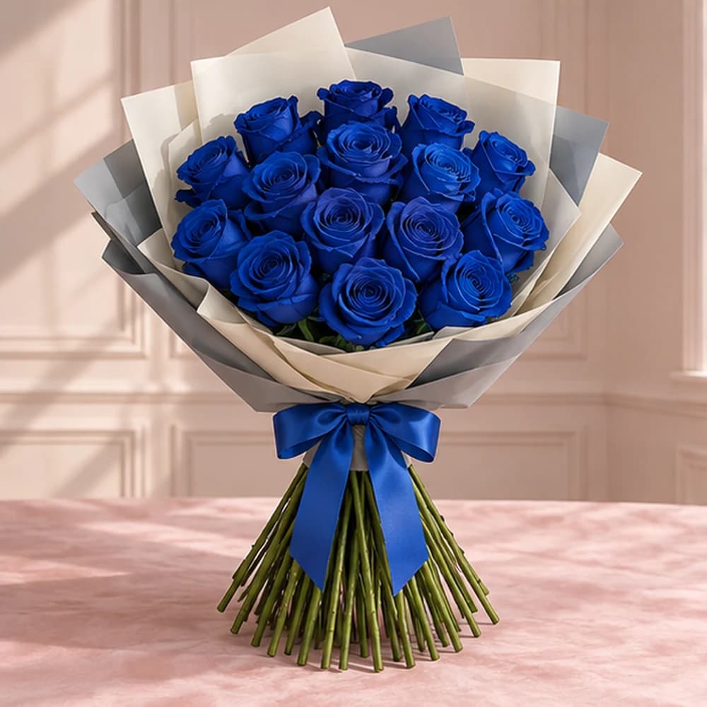 Blue roses showing their petal colour in a Rosella bouquet