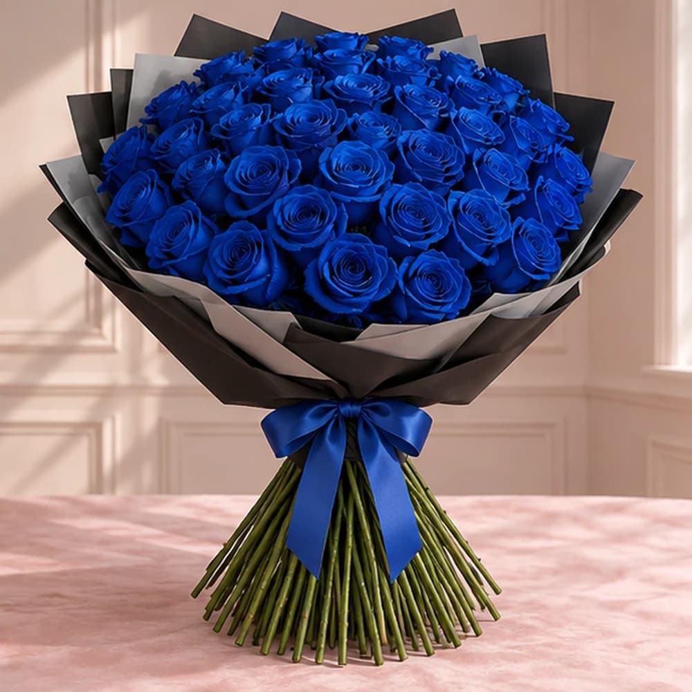 Midnight Sapphire — 50 Blue Roses, fresh flower bouquet with exposed stems, Rosella Flowers & Gifting
