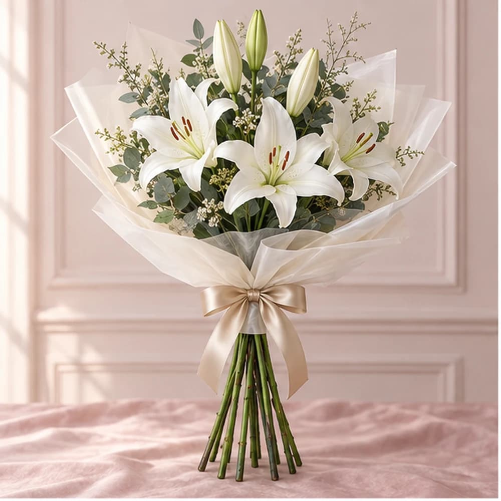 Silk of White — 5 White Lily Stems, fresh flower bouquet with exposed stems, Rosella Flowers & Gifting