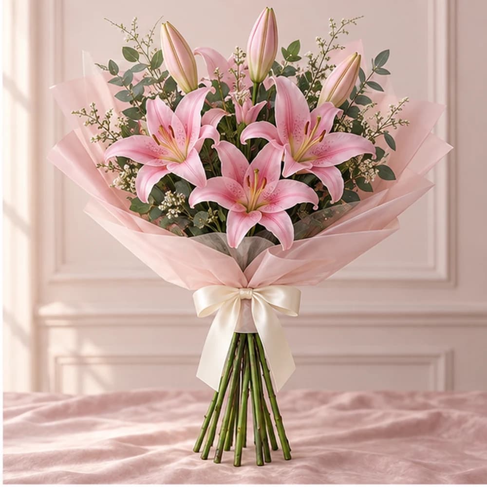 Pink Lily Whisper — 5 Pink Lily Stems, fresh flower bouquet with exposed stems, Rosella Flowers & Gifting