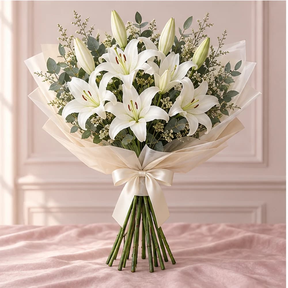 Lily Daylight — 8 White Lily Stems, fresh flower bouquet with exposed stems, Rosella Flowers & Gifting