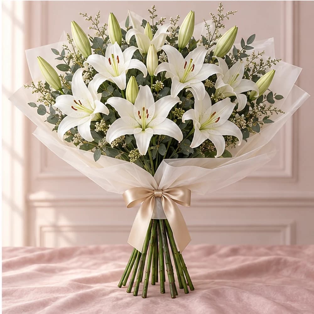 Lily Cloud — 10 White Lily Stems, fresh flower bouquet with exposed stems, Rosella Flowers & Gifting