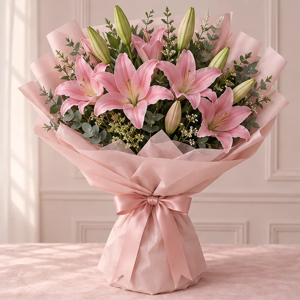 Pink Lily Cascade — 10 Pink Lily Stems, fresh flower bouquet with covered stems, Rosella Flowers & Gifting