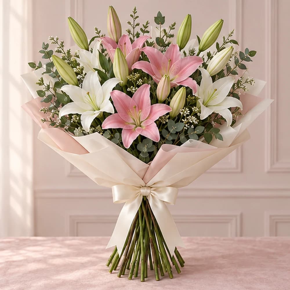 Lily Duet — 10 White & Pink Lily Stems, fresh flower bouquet with exposed stems, Rosella Flowers & Gifting