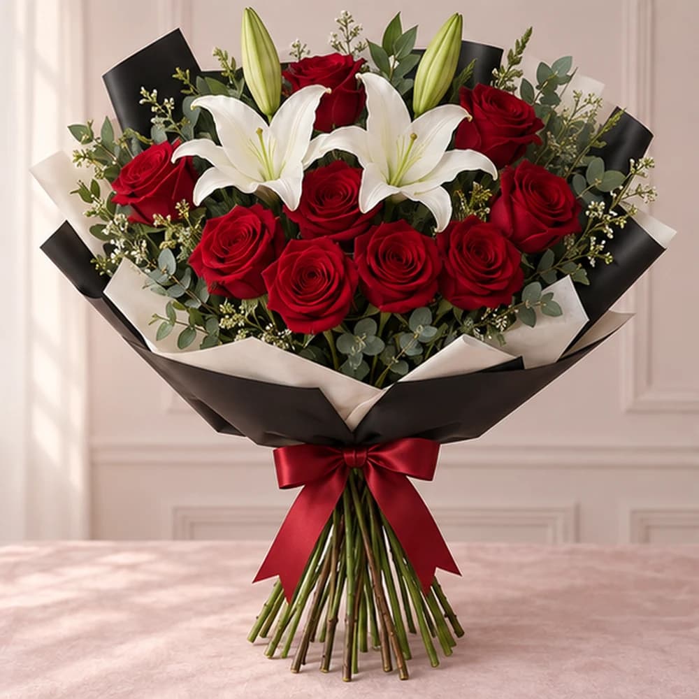 Scarlet & Silk — 10 Red Roses & 3 White Lily Stems, fresh flower bouquet with exposed stems, Rosella Flowers & Gifting