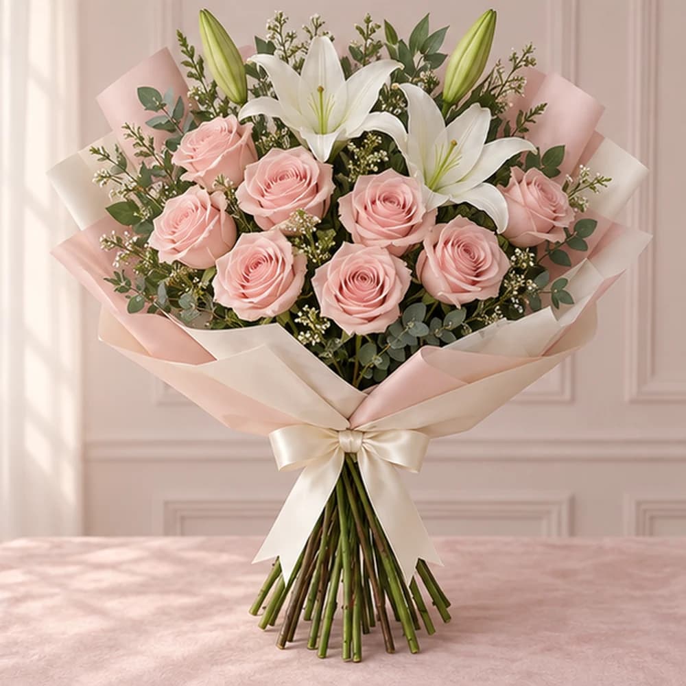 Blush & Silk — 10 Blush Roses & 3 White Lily Stems, fresh flower bouquet with exposed stems, Rosella Flowers & Gifting