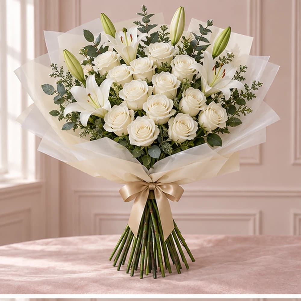 Ivory Harmony — 20 White Roses & 5 White Lily Stems, fresh flower bouquet with exposed stems, Rosella Flowers & Gifting