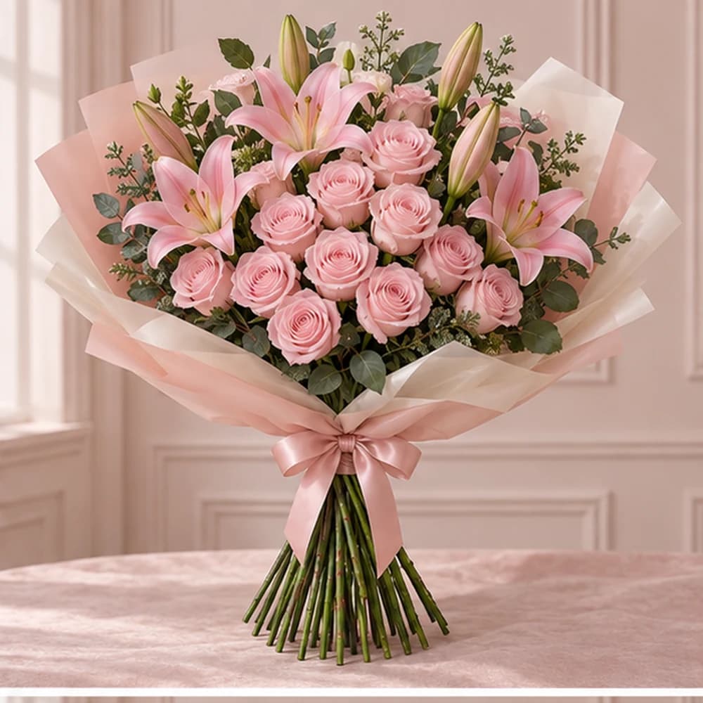 Pink Garden Waltz — 20 Light Pink Roses & 5 Pink Lily Stems, fresh flower bouquet with exposed stems, Rosella Flowers & Gifting