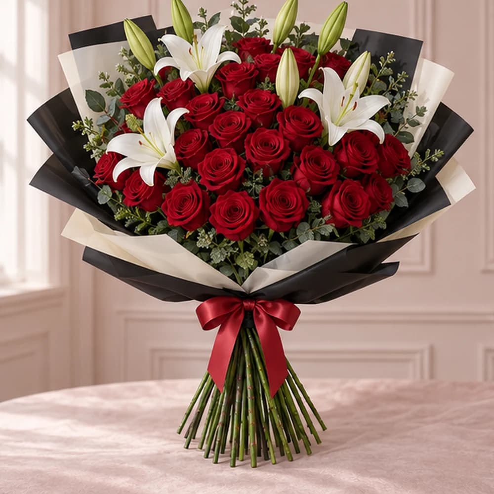 Romance in Bloom — 30 Red Roses & 6 White Lily Stems, fresh flower bouquet with exposed stems, Rosella Flowers & Gifting