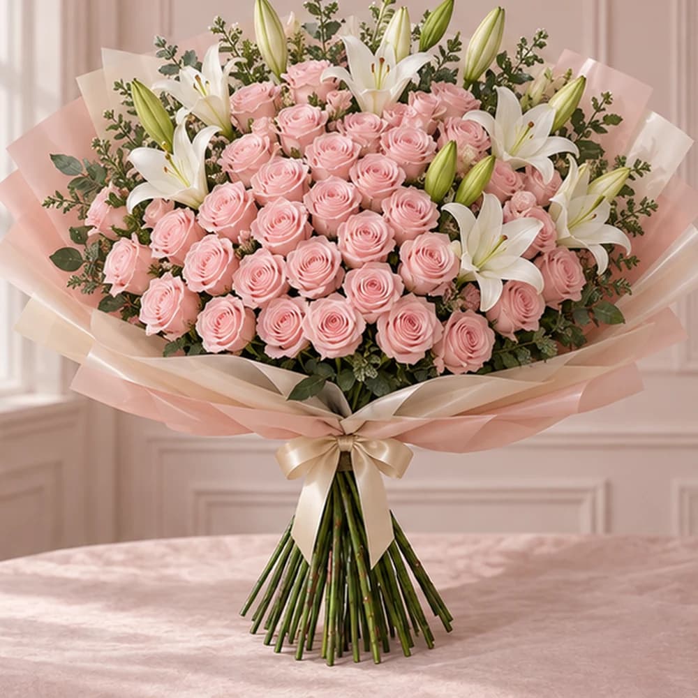 The Grand Lily Affair — 50 Blush Roses & 10 White Lily Stems, fresh flower bouquet with exposed stems, Rosella Flowers & Gifting