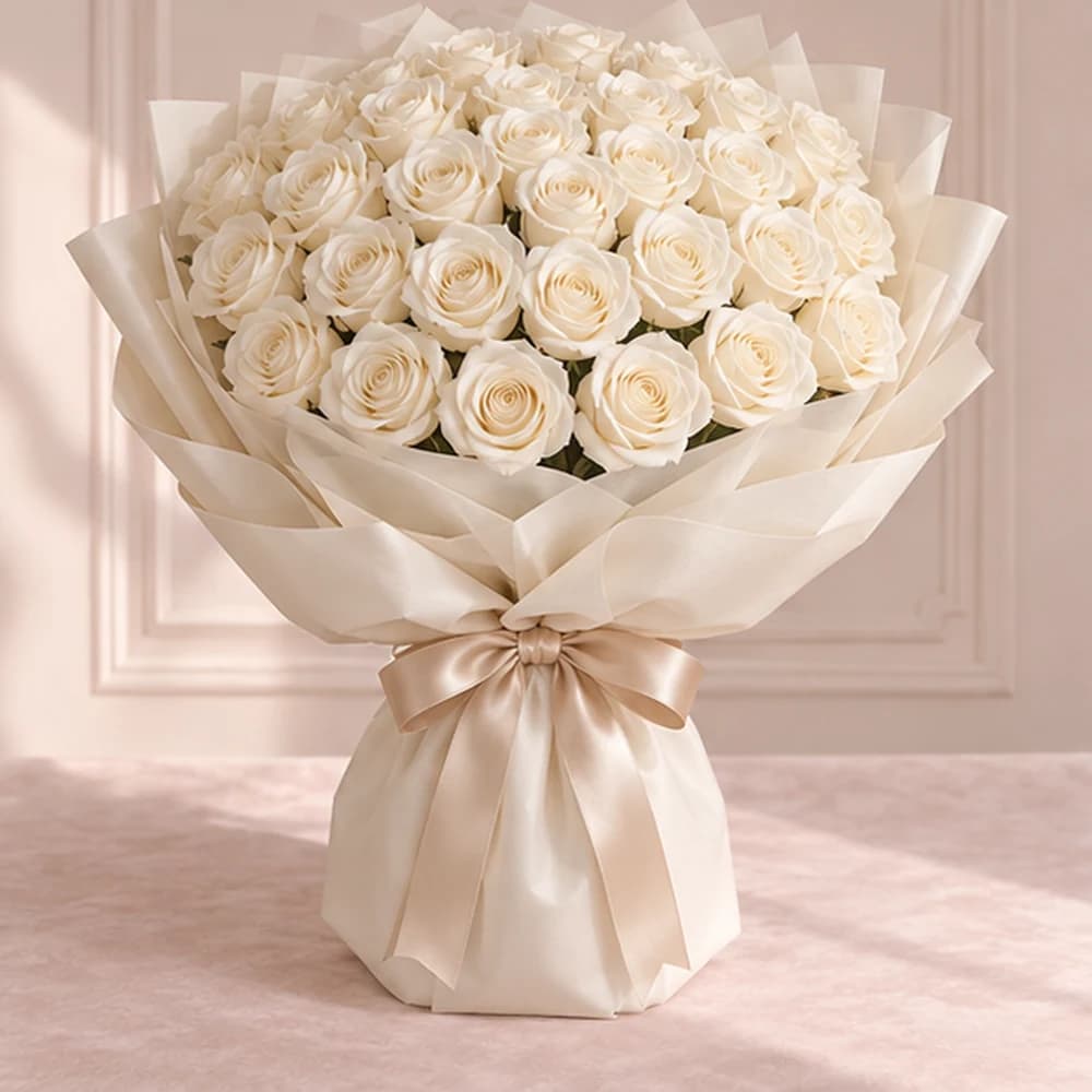 Ever After Ivory — 50 Ivory Artificial Roses, artificial flower bouquet with covered stems, Rosella Flowers & Gifting