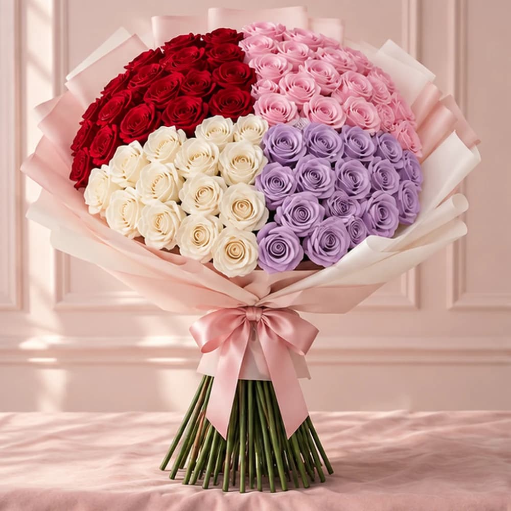 Ever After Rainbow — 100 Mixed Artificial Roses, artificial flower bouquet with exposed stems, Rosella Flowers & Gifting