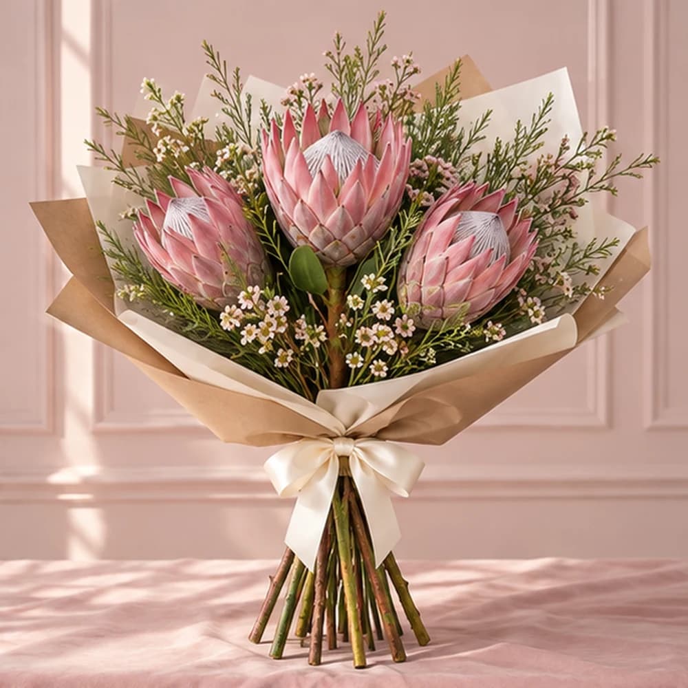 Cape Bloom — 3 Pink Proteas, fresh flower bouquet with exposed stems, Rosella Flowers & Gifting
