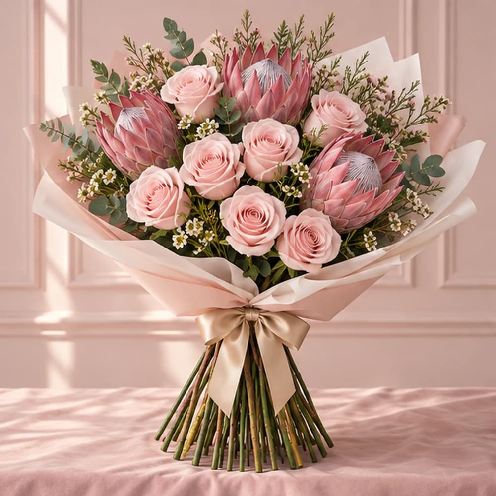 Fynbos Romance — 3 Proteas & 10 Blush Roses, fresh flower bouquet with exposed stems, Rosella Flowers & Gifting