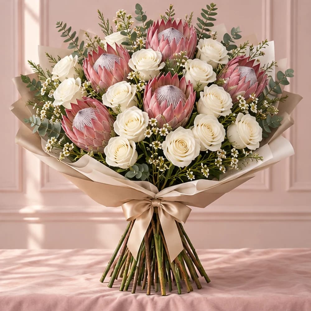 Protea Royale — 5 Proteas & 20 White Roses, fresh flower bouquet with exposed stems, Rosella Flowers & Gifting