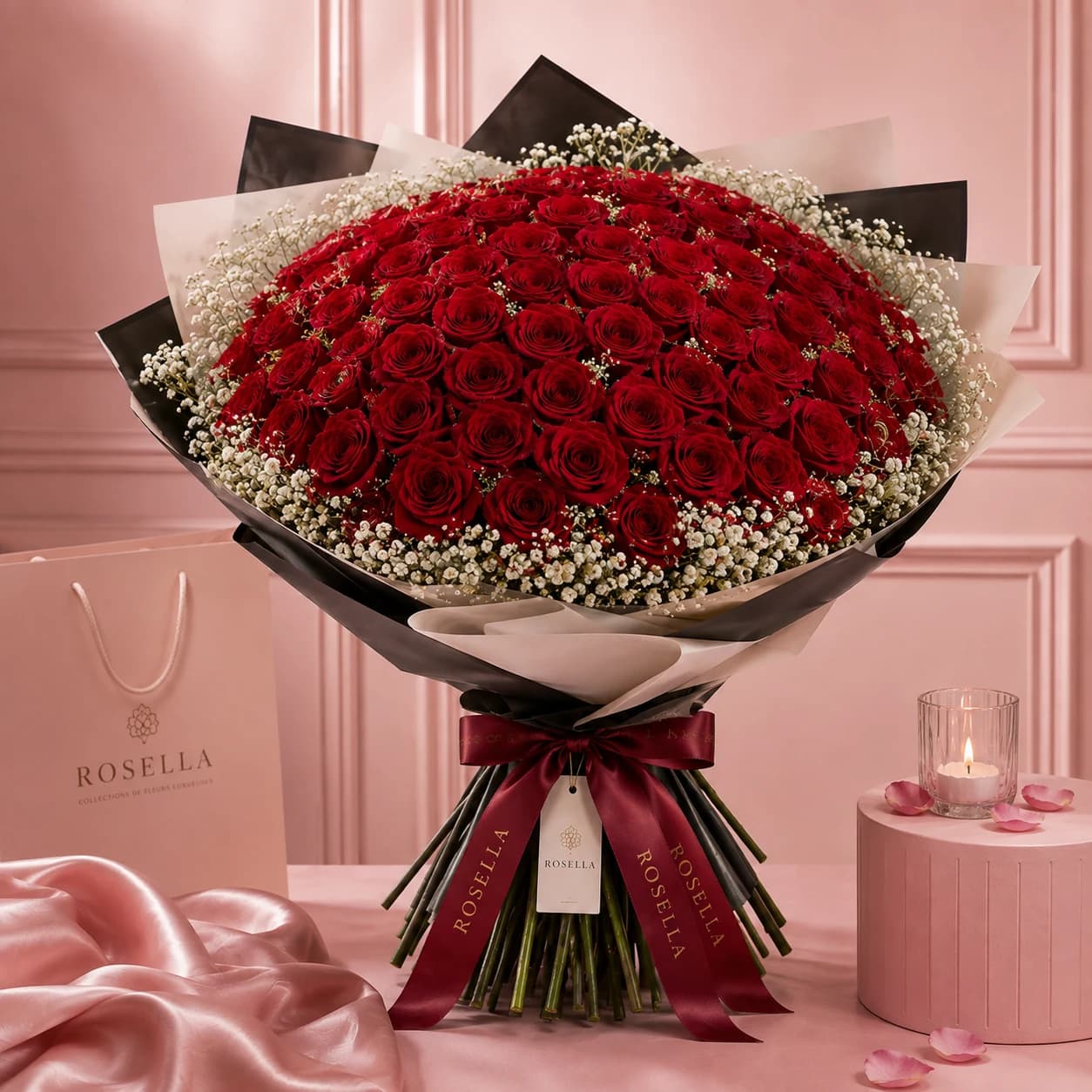 Rosella Grand Éclat 150 red roses and baby's breath luxury bouquet with small white flowers on the side