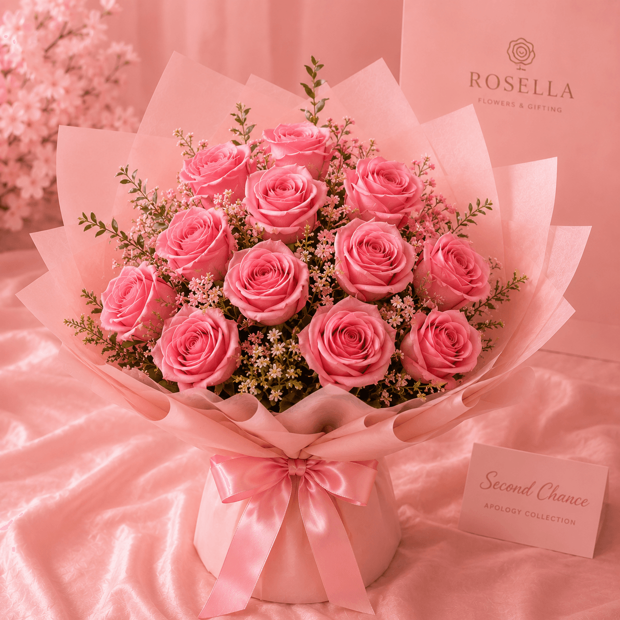 Second Chance pink rose bouquet with pink roses and a message card by Rosella Flowers & Gifting in Polokwane