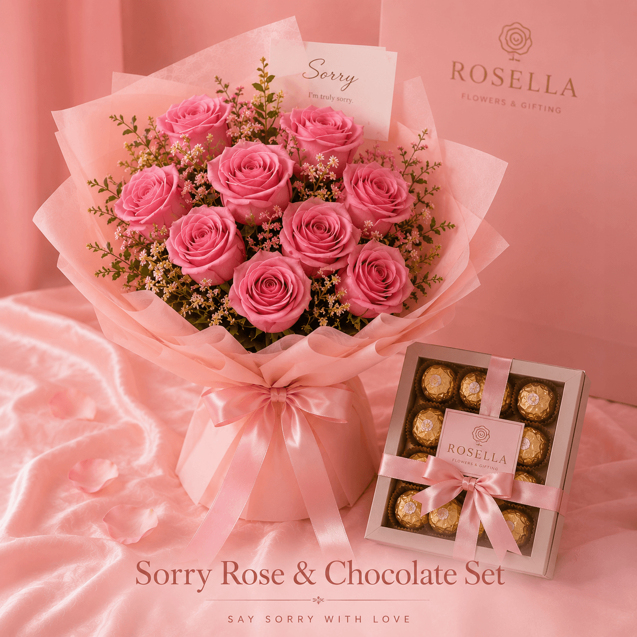 Sorry Rose & Chocolate Set pink rose bouquet with pink roses, Ferrero-style chocolates and a message card by Rosella Flowers & Gifting in Polokwane