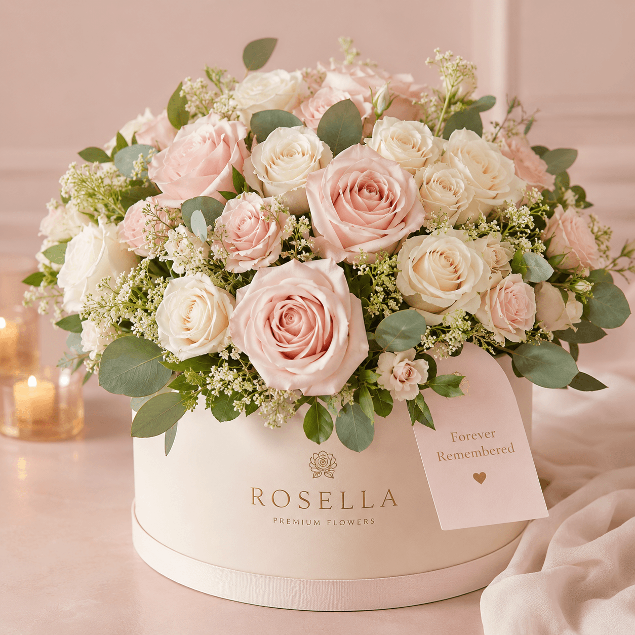 Forever Remembered rose gift box with cream roses by Rosella Flowers & Gifting in Polokwane