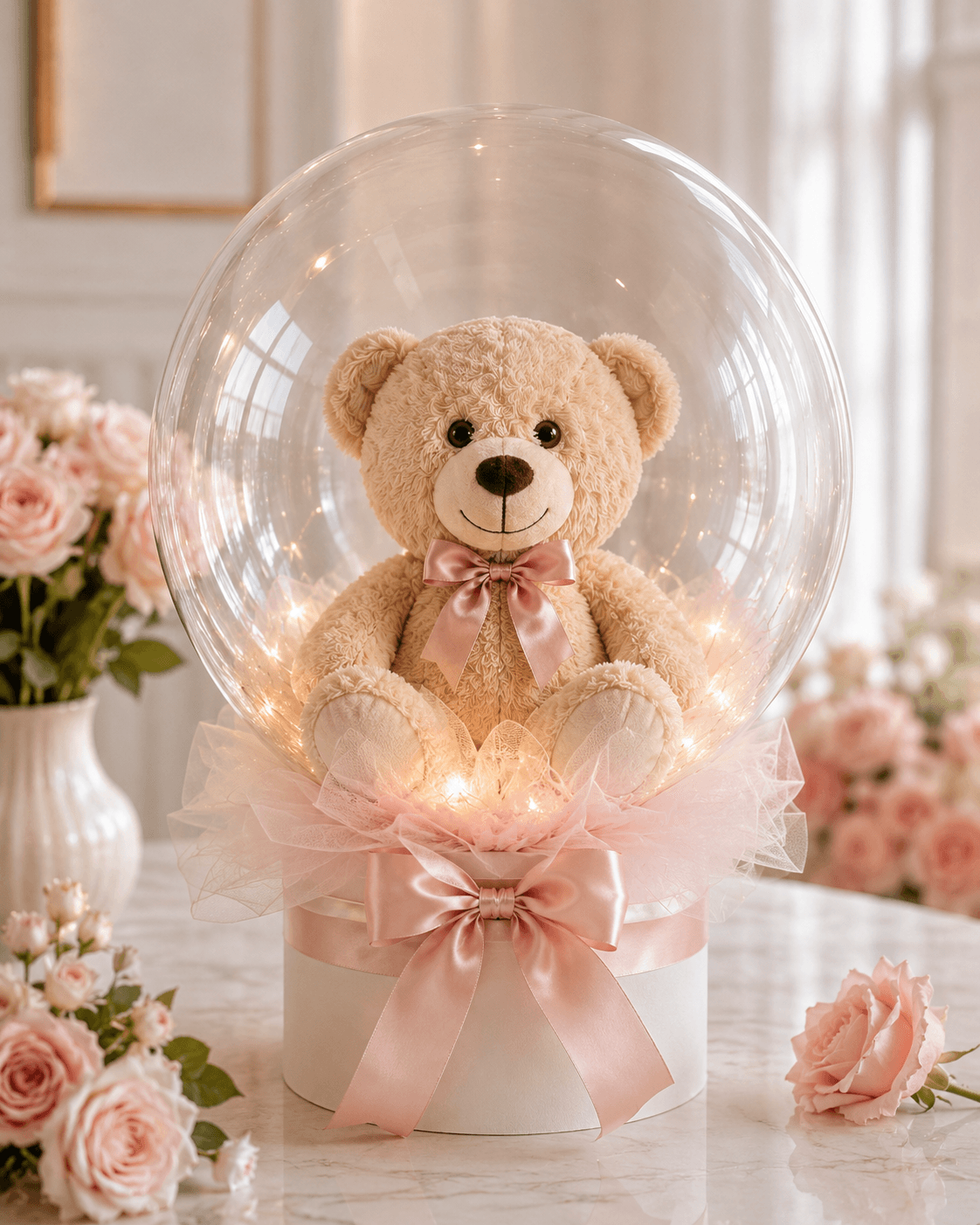 Teddy in Balloon teddy bear gift add-on with a teddy bear presented inside a clear balloon by Rosella Flowers & Gifting in Polokwane