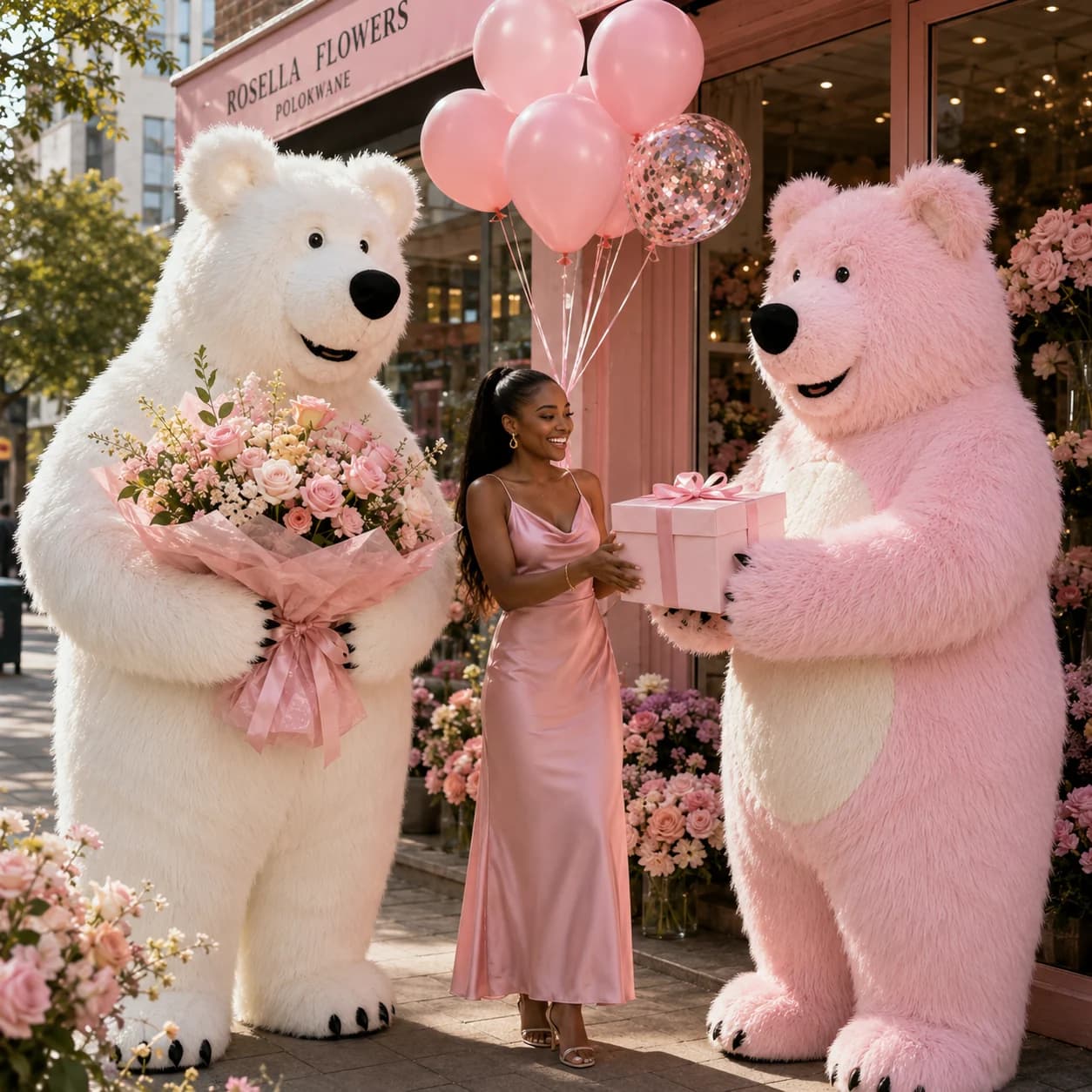 Pink and White Rosella Bears presenting flowers and a gift in Polokwane