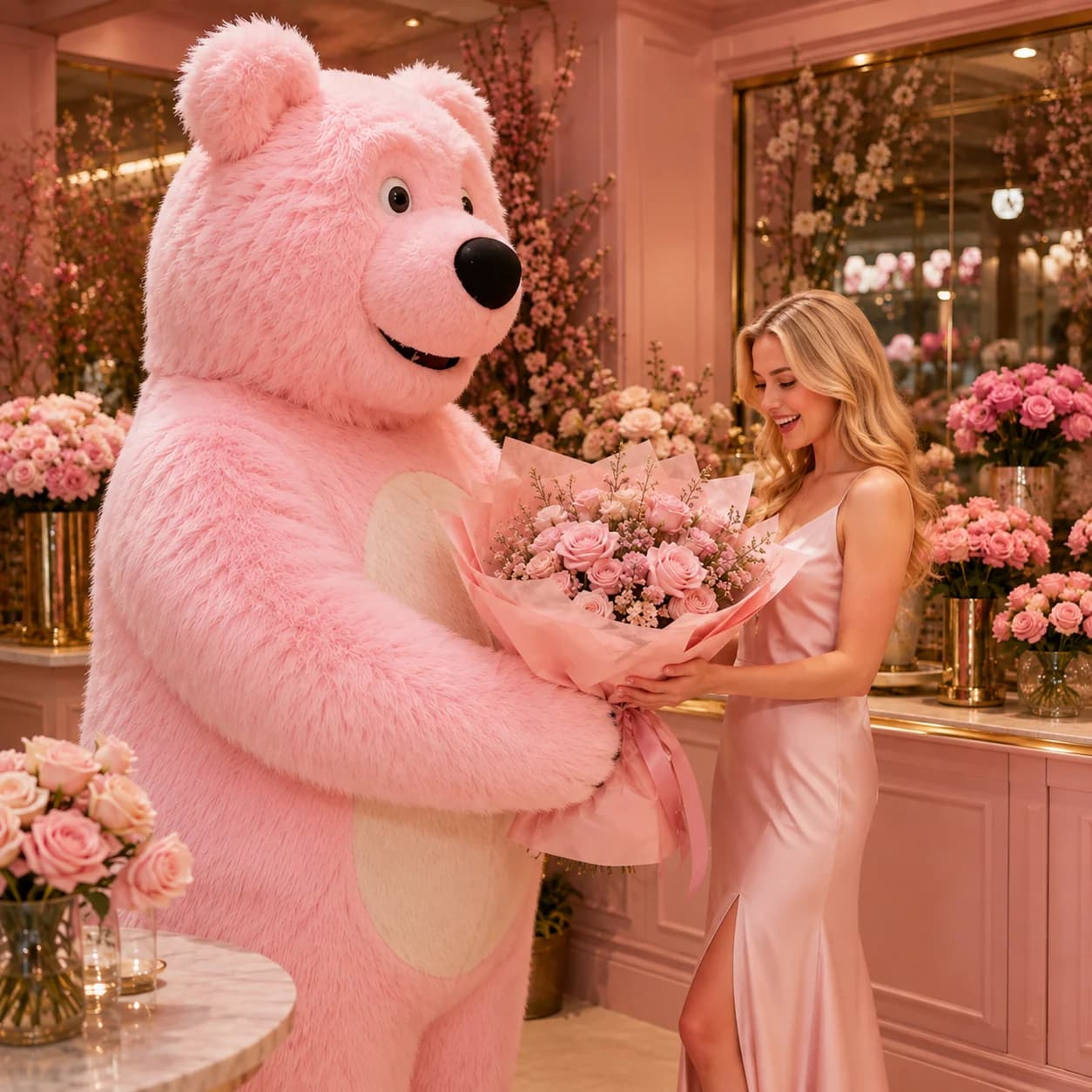 Pink Rosella Bear presenting a pink flower bouquet