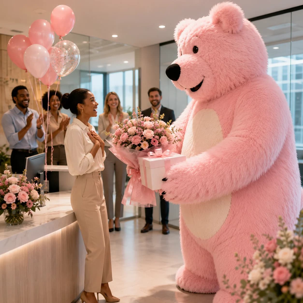 Pink Rosella Bear delivering flowers and a gift at an office
