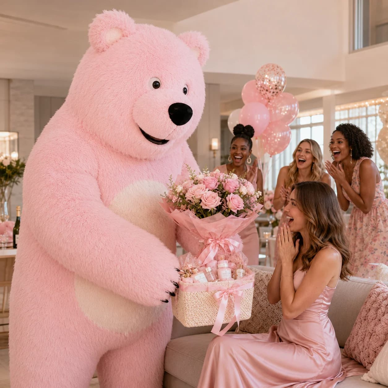 Pink Rosella Bear presenting a luxury surprise hamper