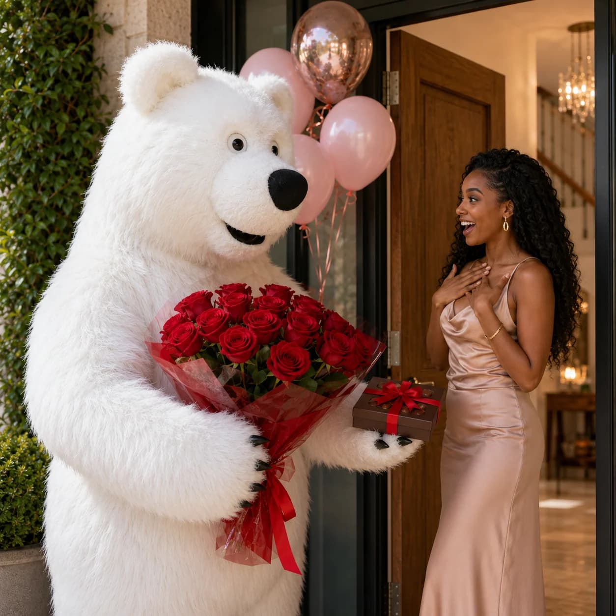 White Rosella Bear delivering red roses and chocolates