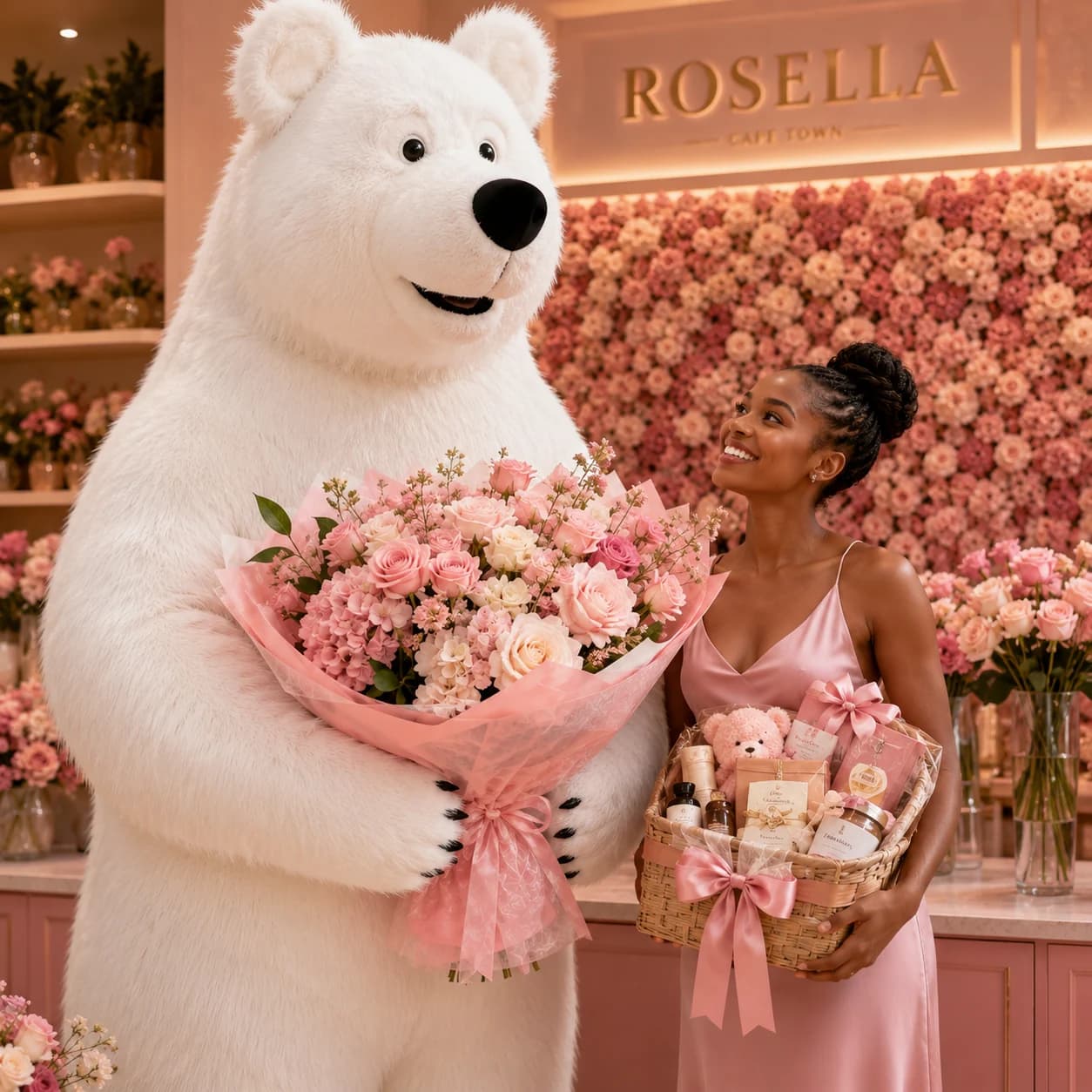 White Rosella Bear presenting flowers and a Rosella gift
