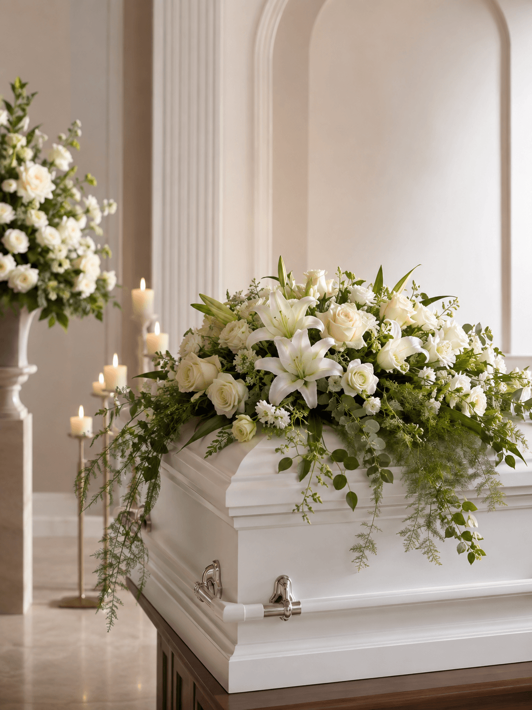 White casket spray with lilies, roses and cascading greenery
