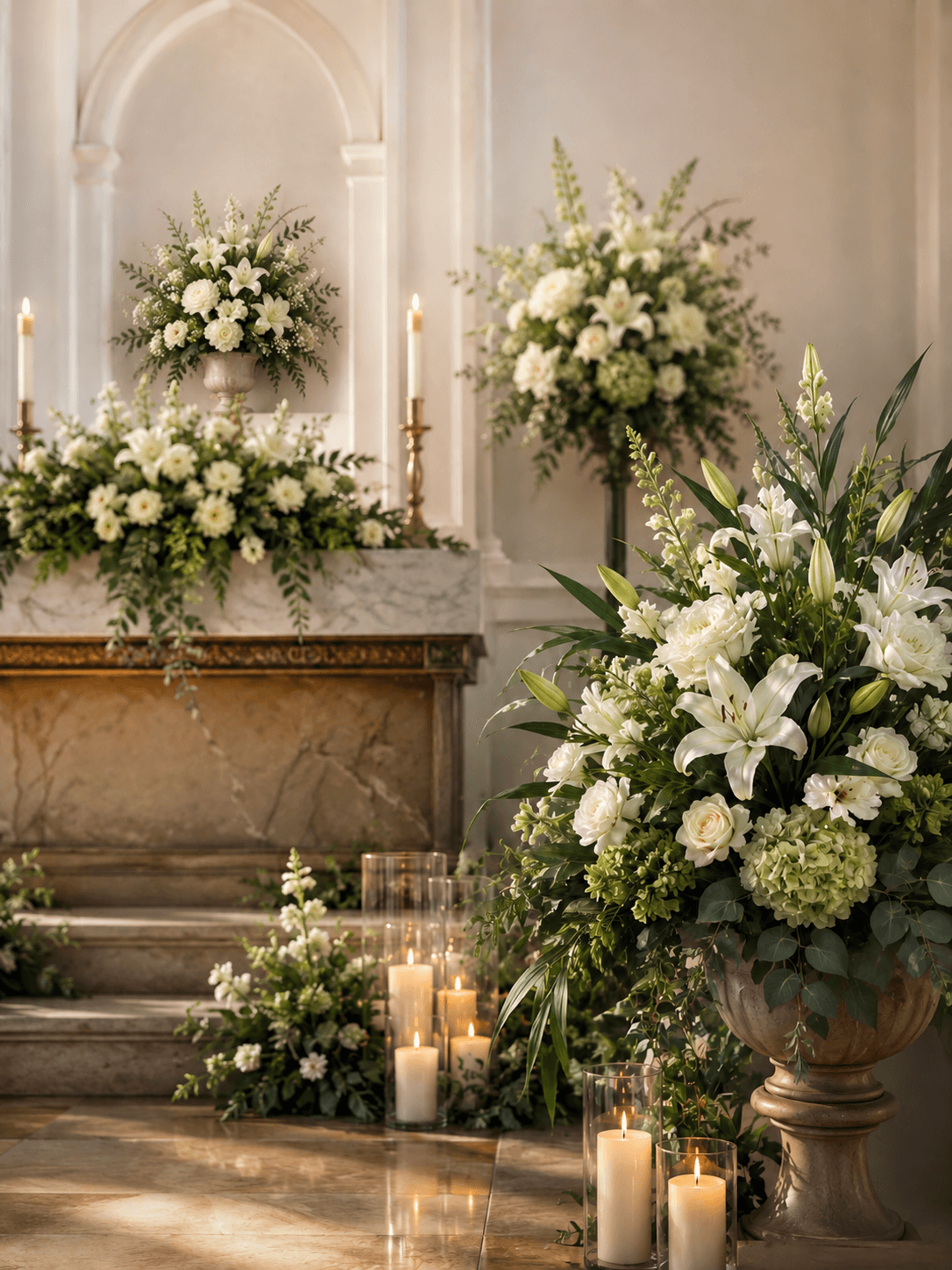 Respectful chapel floral styling for a funeral or memorial service
