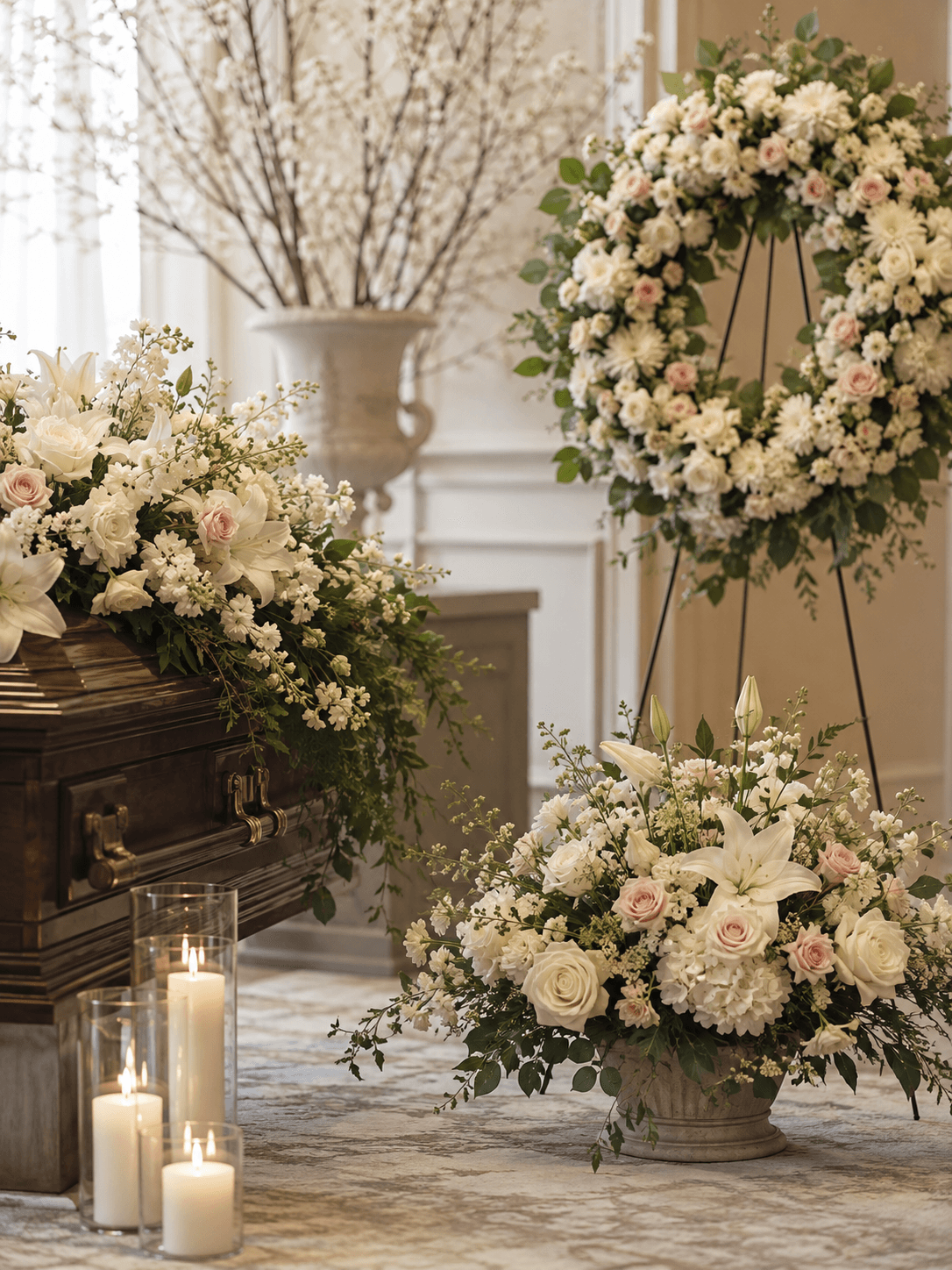Elegant funeral service with white and blush flowers, greenery and candles