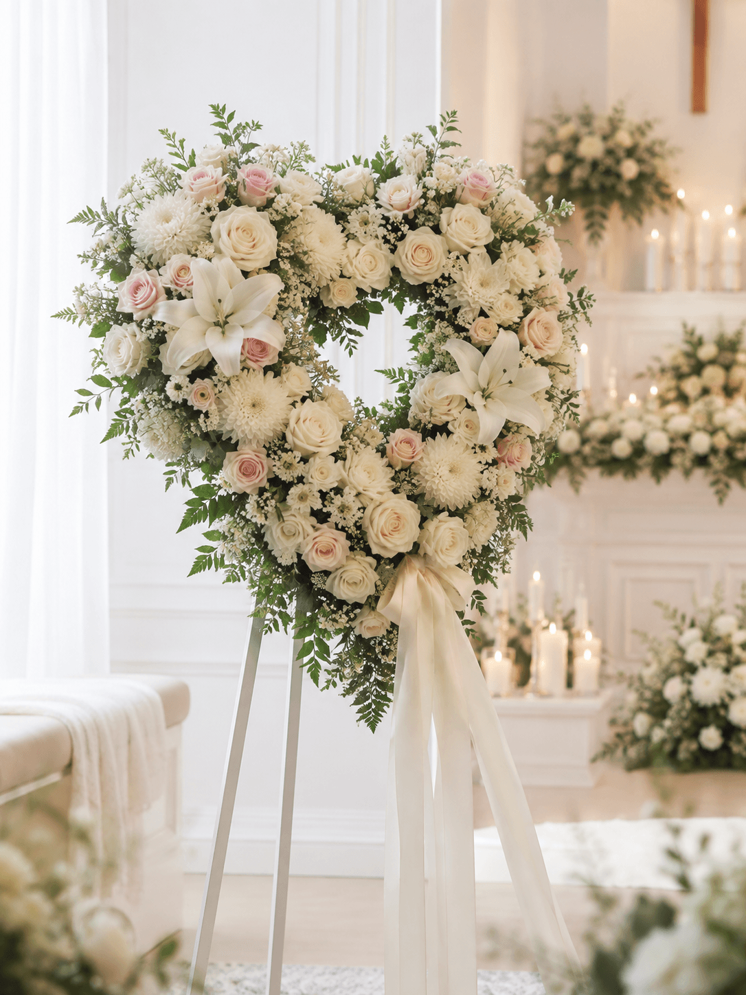 Heart-shaped white and blush funeral wreath on an easel