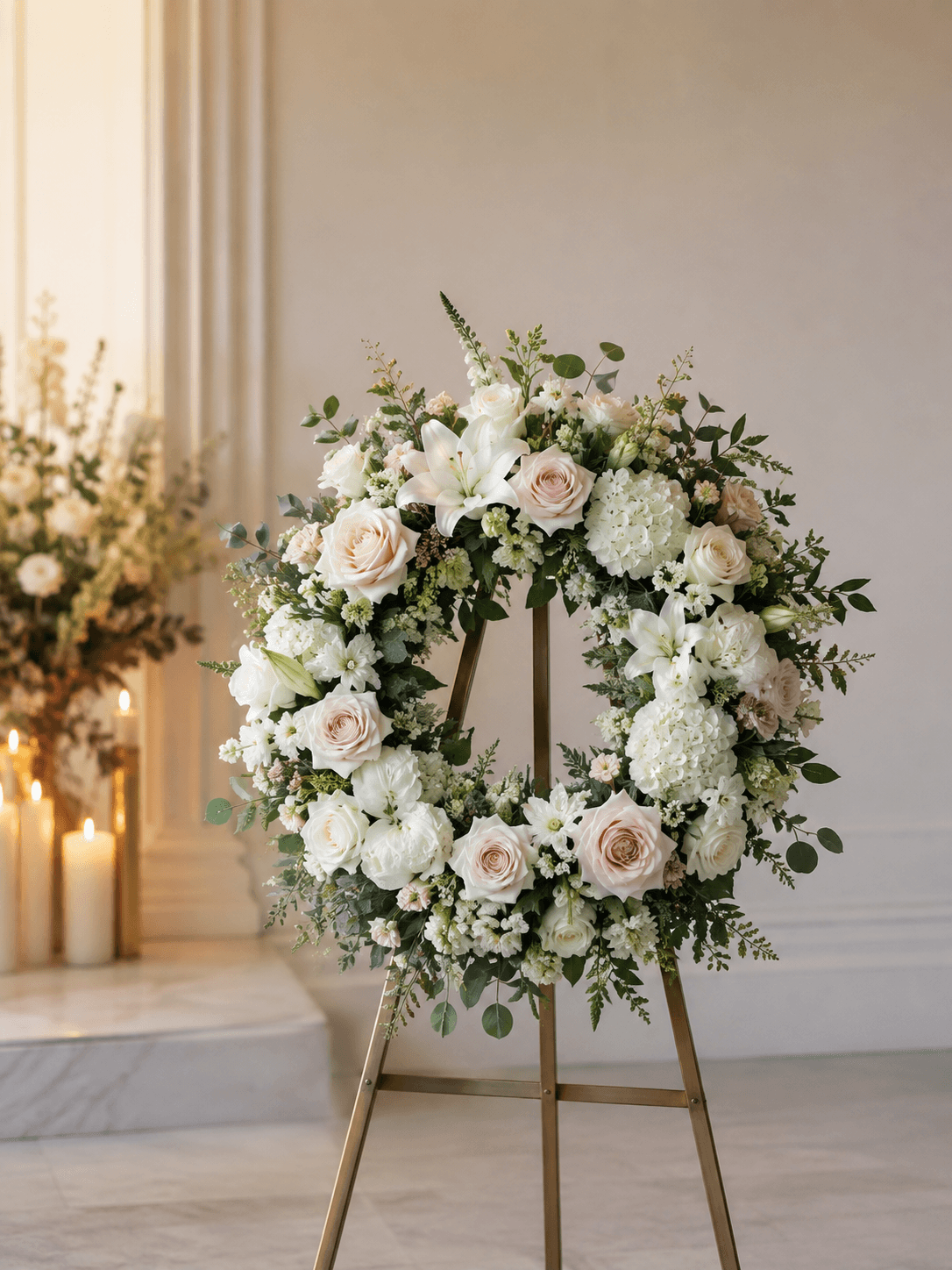 Standing memorial wreath with white flowers and blush roses