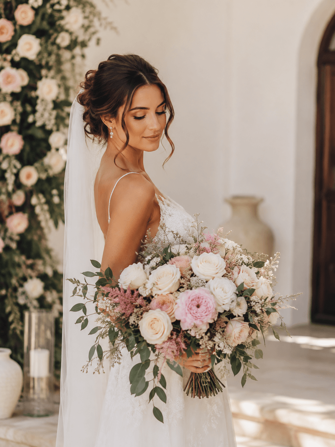Bride holding a garden-style white and blush wedding bouquet